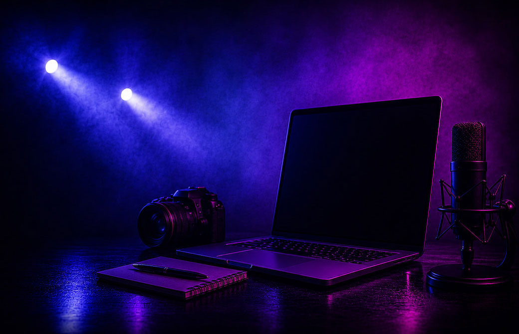 Laptop und Mikrofon auf einer beleuchteten Bühne für Musiker.